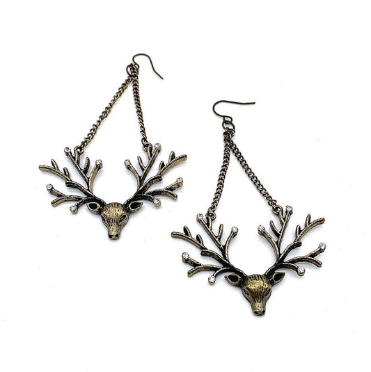 HSN Bronzetone Clear Crystal Accented Reindeer Drop Earrings. 3"