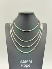 Sterling Silver, 925 Rope Chain Necklace, 16" 3.5mm