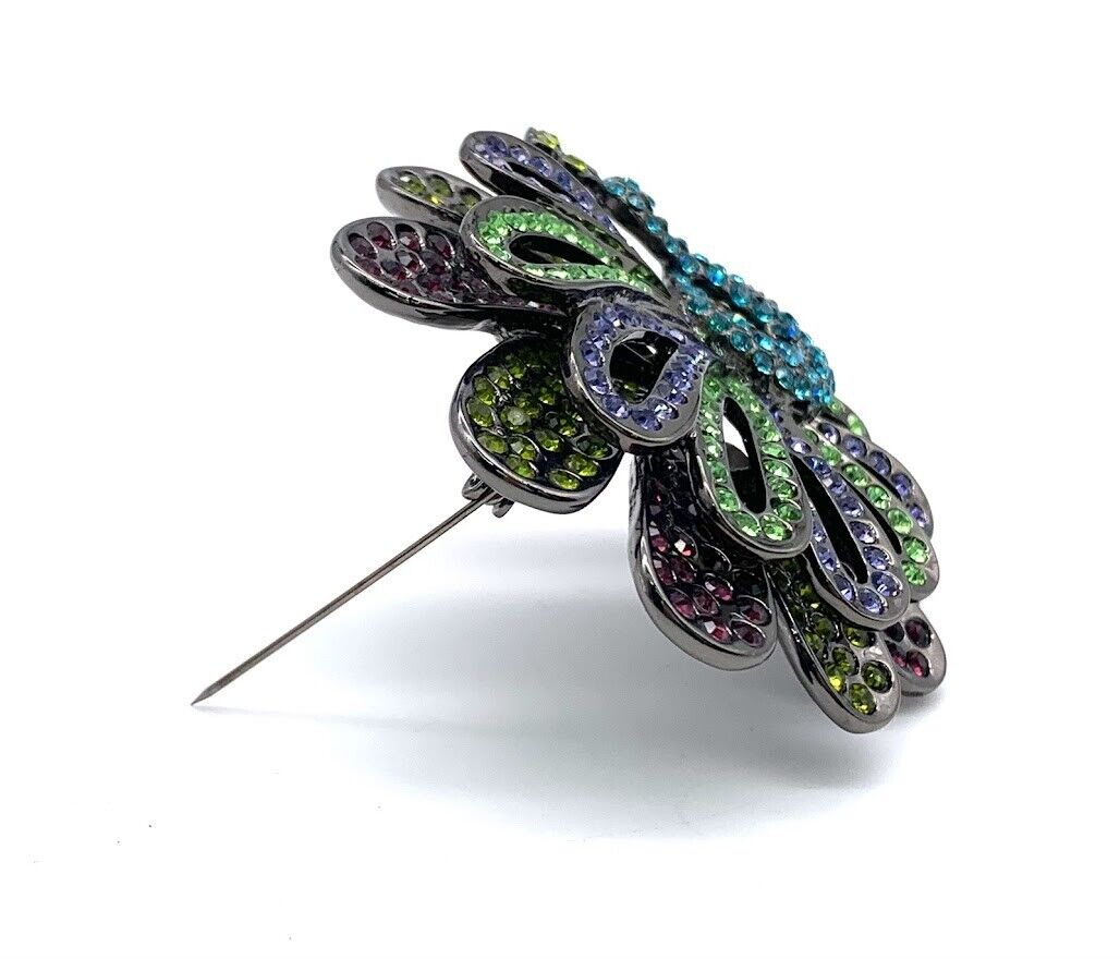 HSN Silvertone Multicolor Pave Crystal Peacock Pin. 3"