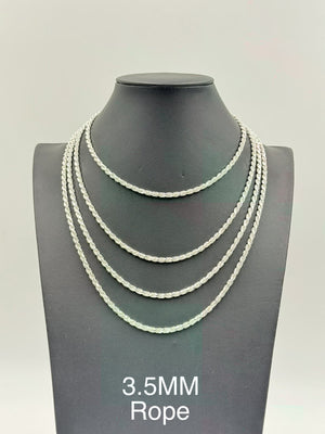 Sterling Silver, 925 Rope Chain Necklace, 22" 3.5mm
