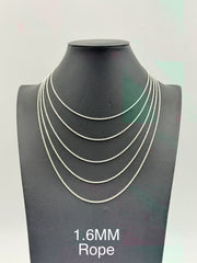 Sterling Silver, 925 Rope Chain Necklace, 16" 1.6mm