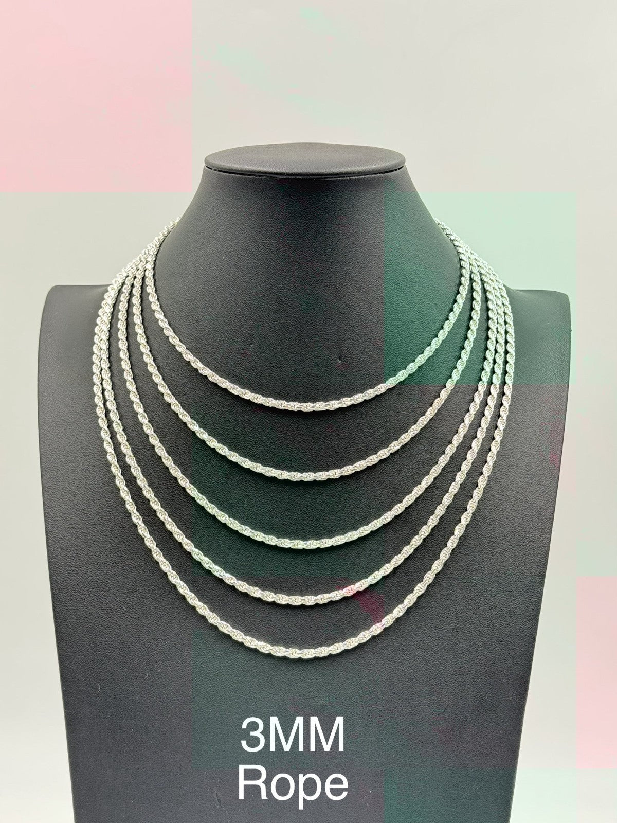 Sterling Silver, 925 Rope Chain Necklace, 16"	3mm