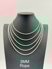 Sterling Silver, 925 Rope Chain Necklace, 16"	3mm