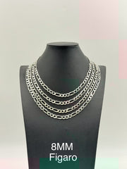 Sterling Silver, 925 Figaro Chain Necklace, 22" 8mm