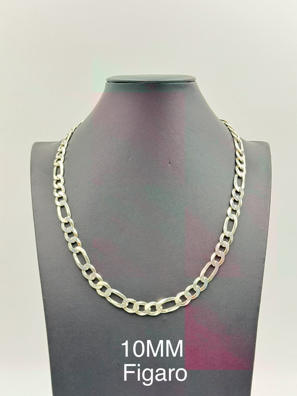 Sterling Silver, 925 Figaro Chain Necklace, 24" 10mm