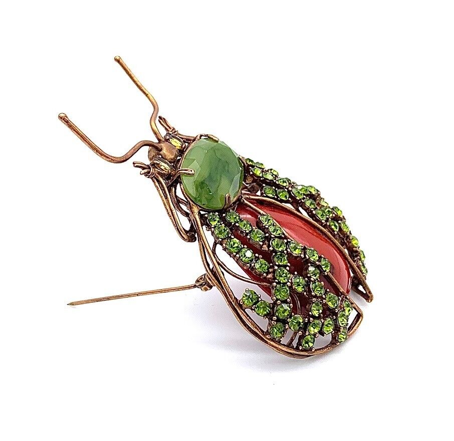 HSN Bronzetone Green Crystal Multicolor Gems Beetle Pin. 3"