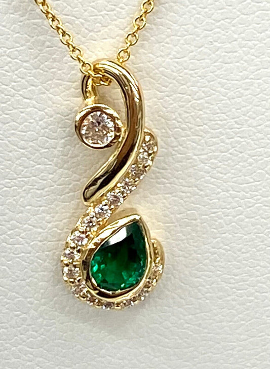 14K Yellow Gold Pear-shape Lab Created Emerald CVD/S1 Diamond Freeform Pendant
