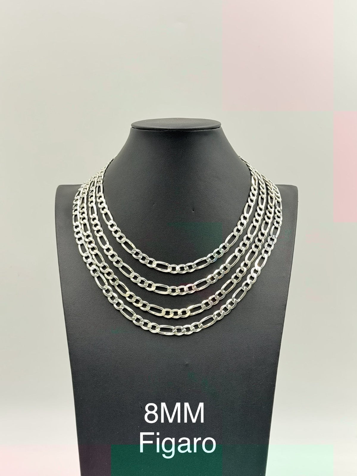 Sterling Silver, 925 Figaro Chain Necklace, 20" 8mm