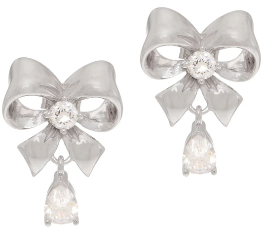 Diamonique Pear Prong & Chevron Bow Stud Earrings Cubic Zirconia Sterling Silver
