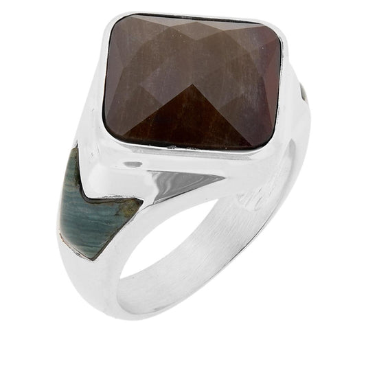 Jay King Sterling Silver Size 10 Multicolor Petrified Wood 3-stone Ring