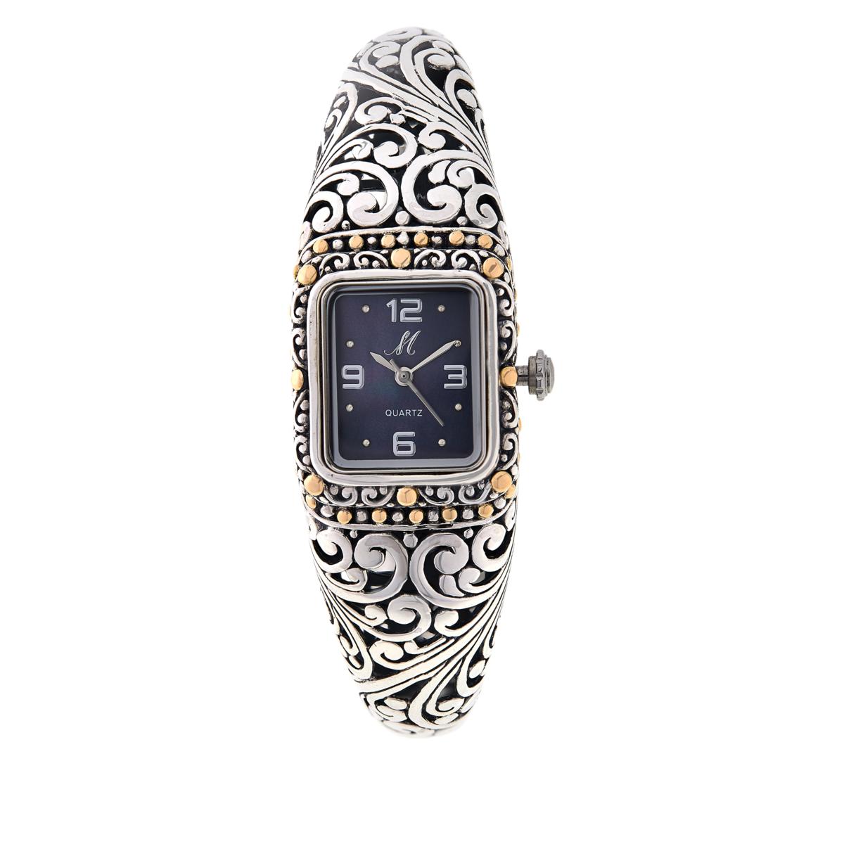 Bali Designs "Sanga" Sterling Silver & 18K Gold Accent Black Mother-of-Pearl Dial Cuff Watch, 7-1/4"