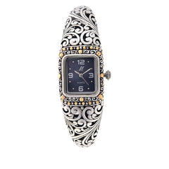 Bali Designs "Sanga" Sterling Silver & 18K Gold Accent Black Mother-of-Pearl Dial Cuff Watch, 7-1/4"