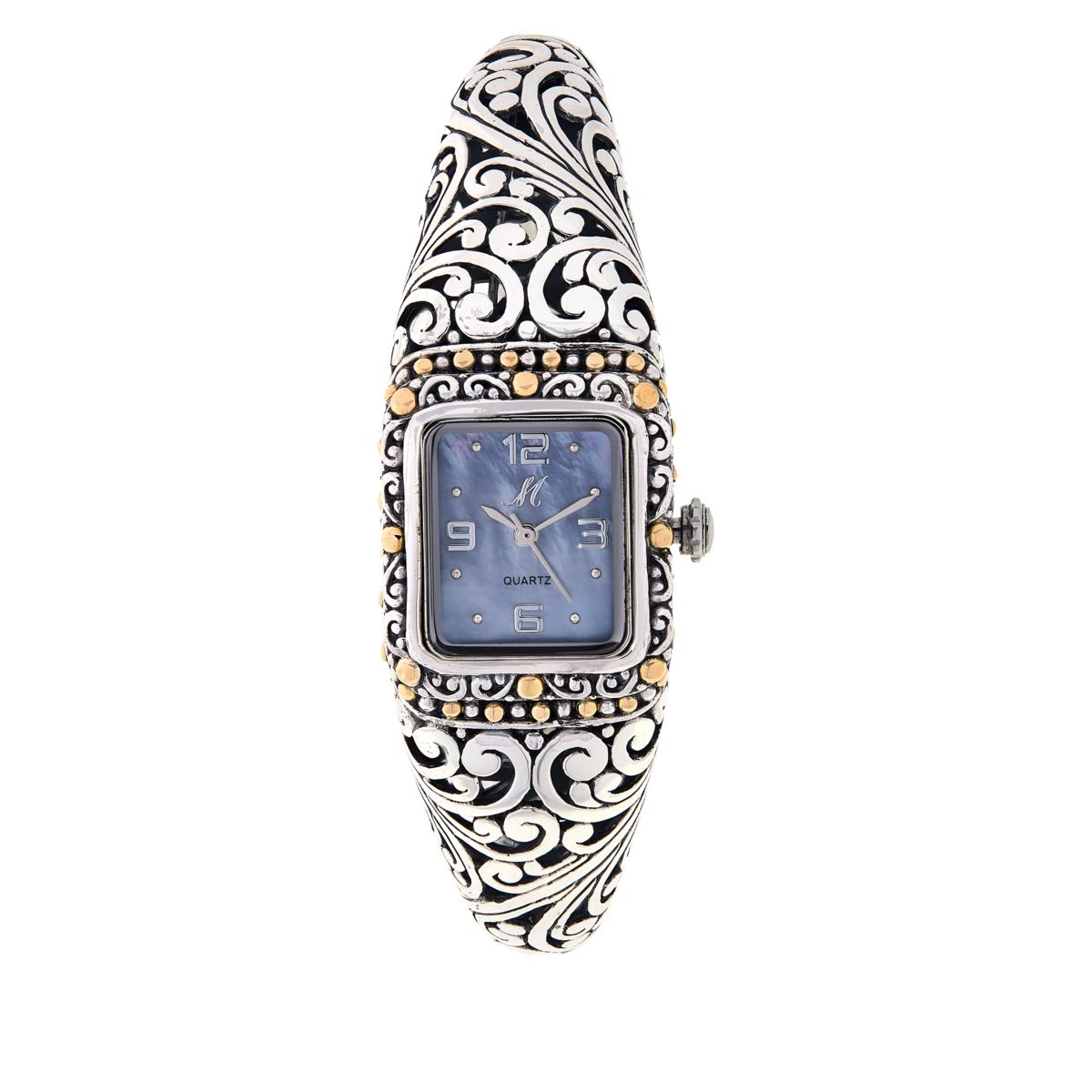 Bali Designs "Sanga" Sterling Silver & 18K Gold Accent Blue Mother-of-Pearl Dial Cuff Watch, 6-1/2"