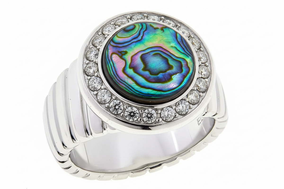 Colleen Lopez Silvertone Abalone Cabochon & White Topaz Halo Ring, Size 5