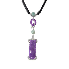 Jade of Yesteryear Sterling Silver Purple Jade Carved Dragon Pendant & Agate Bead Necklace, 24"
