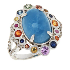 Colleen Lopez Sterling Silver Oval Aquamarine, Multi-Sapphire & Ruby Ring. Size 7