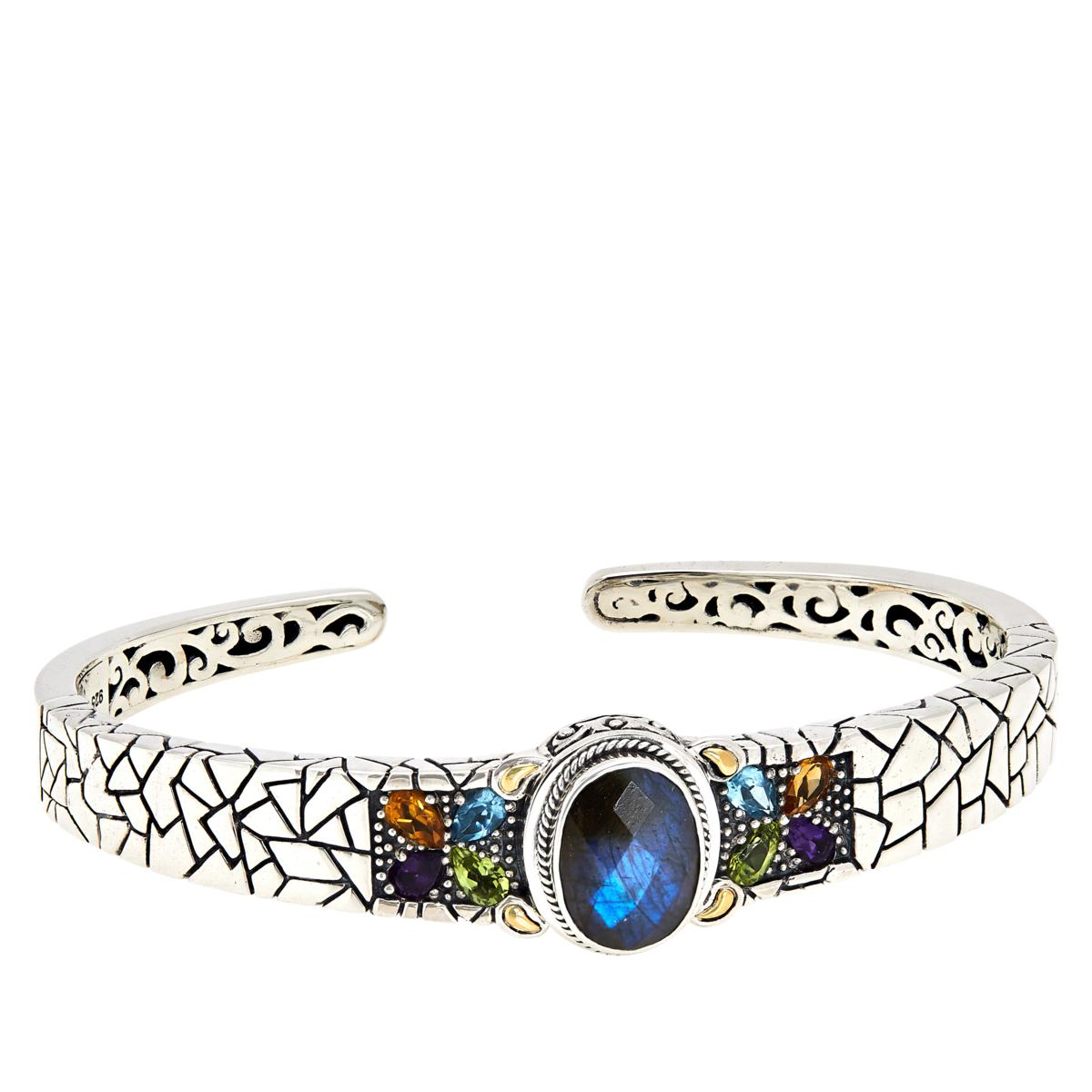 Brazalete Bali RoManse de plata esterlina con labradorita y múltiples gemas, 16,7 cm