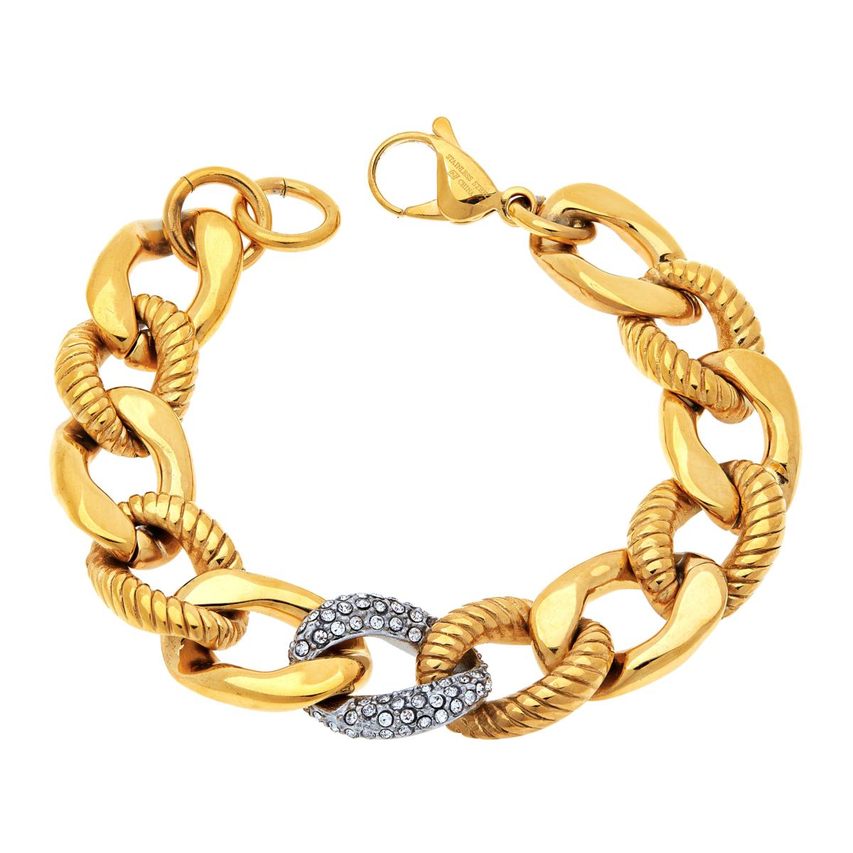 HSN Stainless Steel Goldtone Chunky Chain Pave Bracelet. 7-1/4