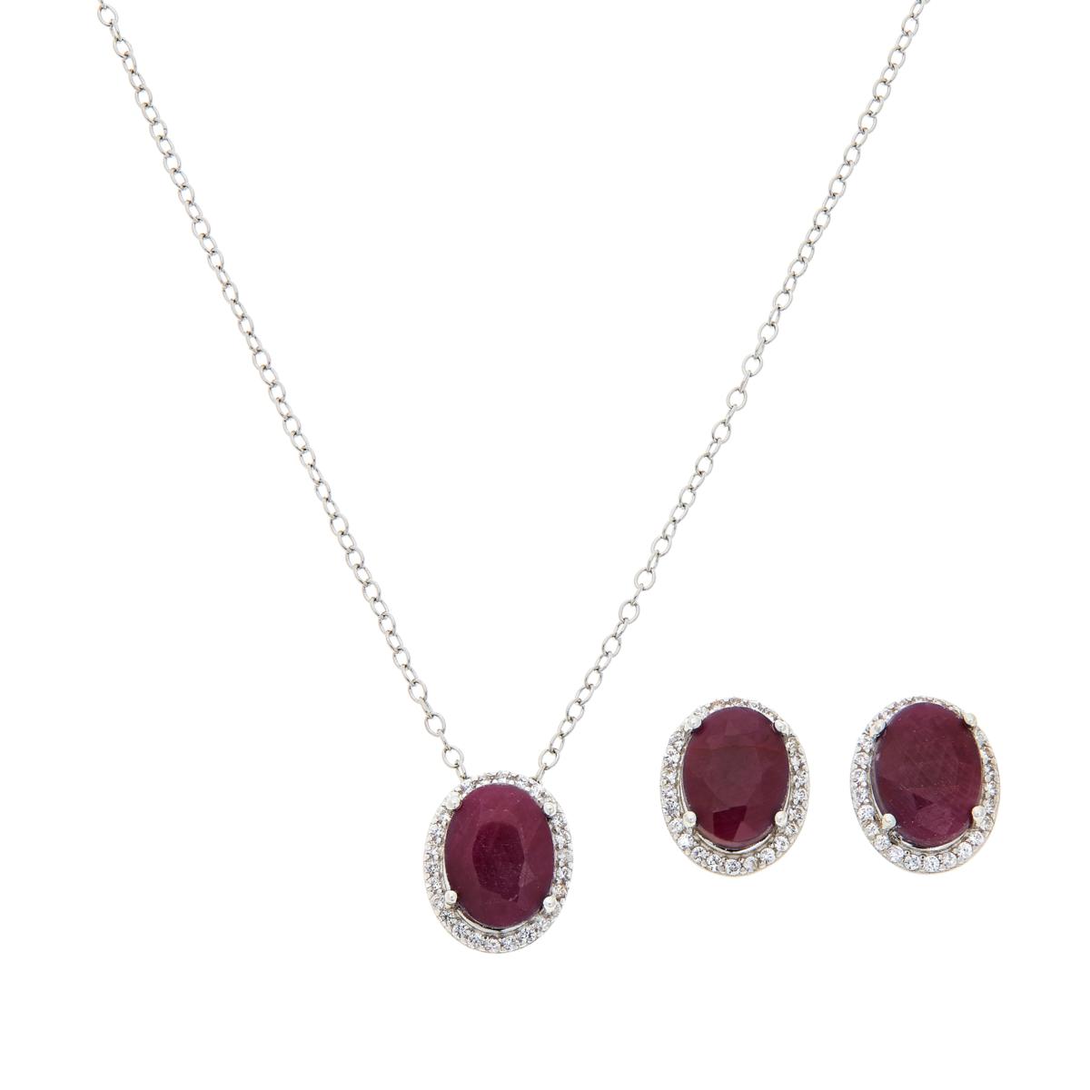 Colleen Lopez Sterling Silver Oval Ruby & White Zircon Pendant and Earring Set