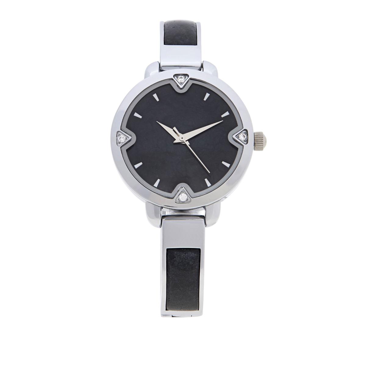 Jade of Yesteryear Silvertone Black Jade Cuff Watch, 7-1/4"