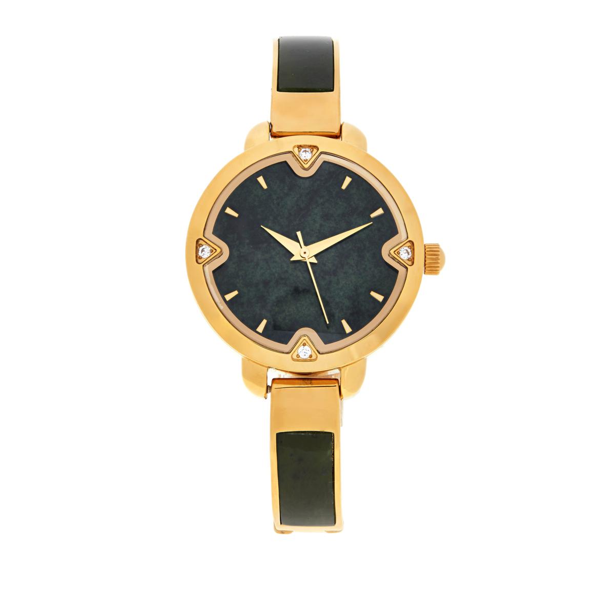 Jade of Yesteryear Goldtone Nephrite Jade Cuff Watch, 7-1/4"