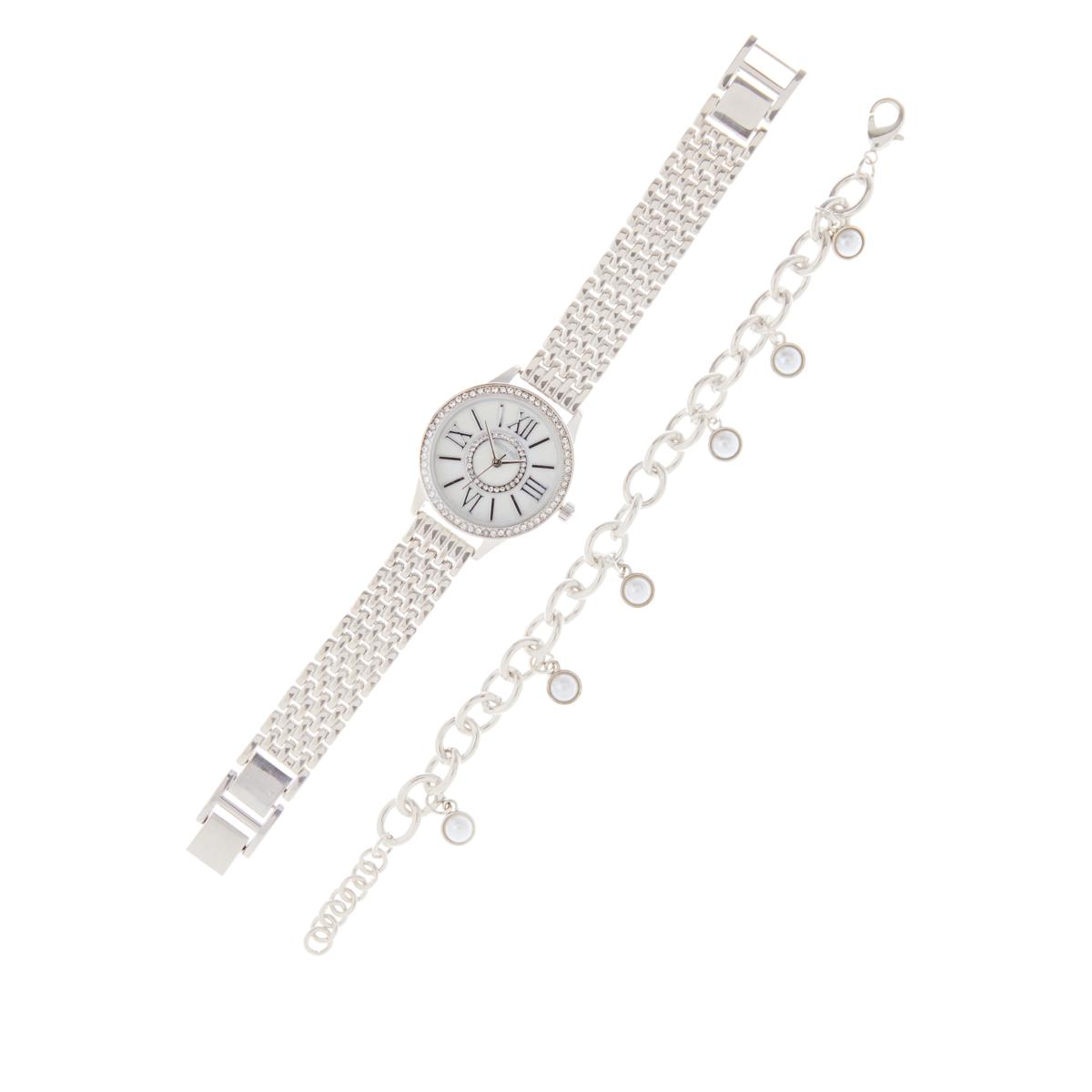 Kessaris Silvertone 2piece Watch and Faux Pearl Bracelet Set