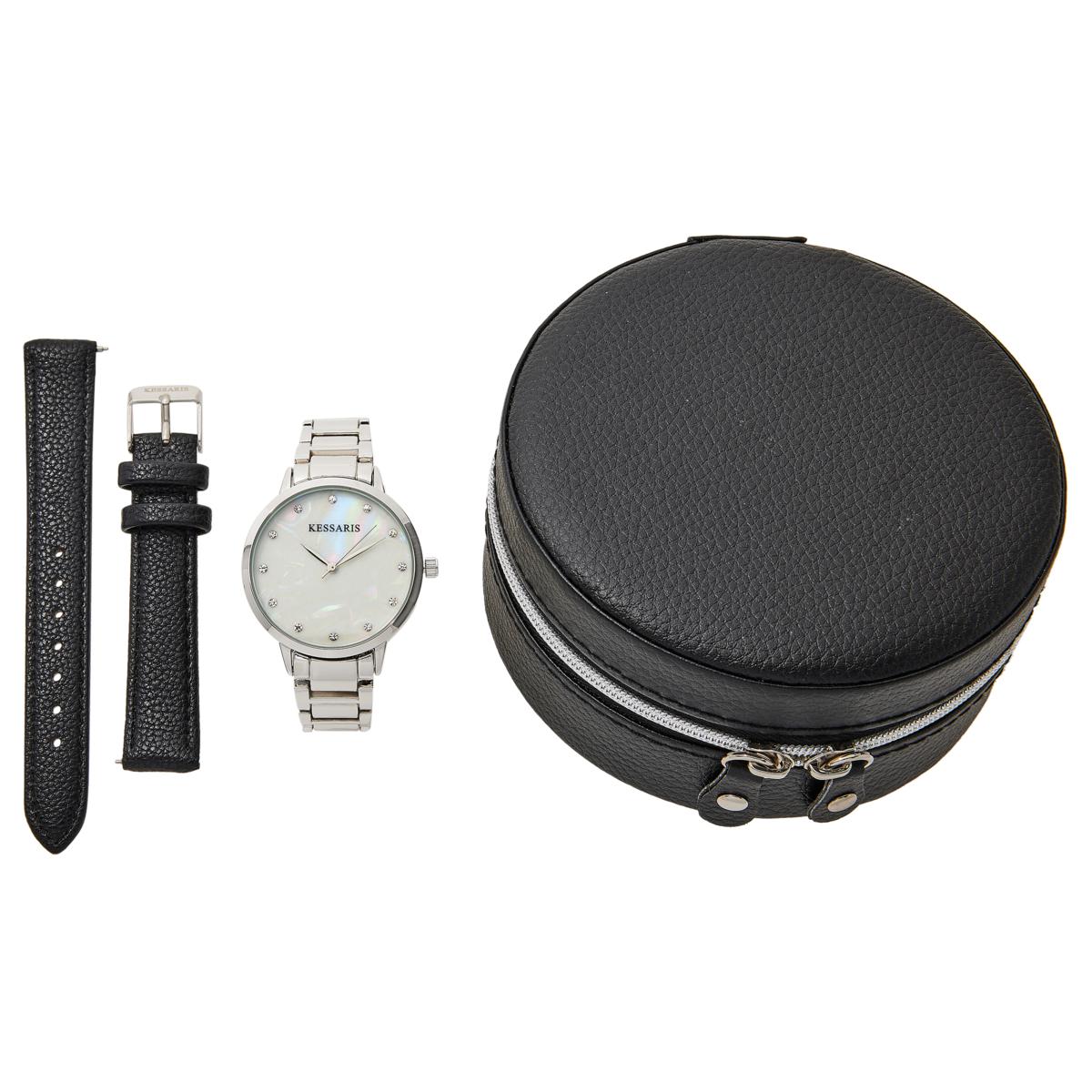 Kessaris Silvertone Interchangeable Strap Watch with Round Travel Jewelry Case
