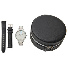 Kessaris Silvertone Interchangeable Strap Watch with Round Travel Jewelry Case