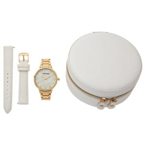 Kessaris Goldtone Interchangeable Strap Watch with Round Travel Jewelry Case