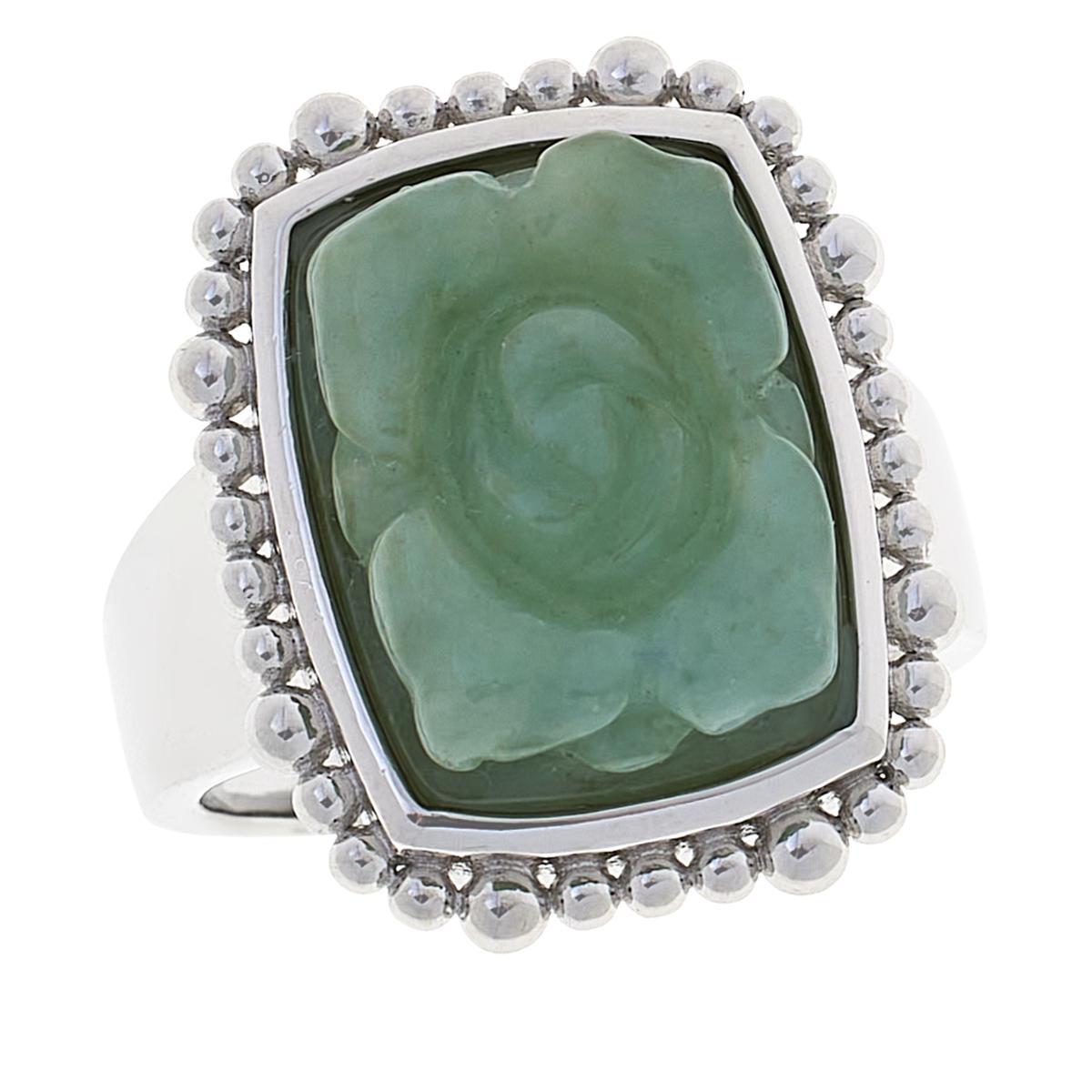 Jade of Yesteryear Sterling Silver Flower Carved Dark Green Jade Ring, Size 9