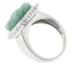 Jade of Yesteryear Sterling Silver Flower Carved Dark Green Jade Ring, Size 9