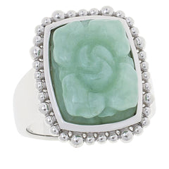 Jade of Yesteryear Sterling Silver Flower Carved Light Green Jade Ring, Size 8