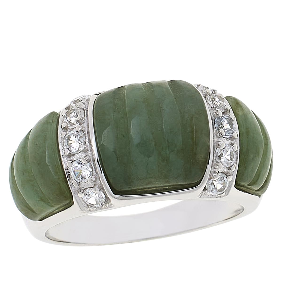 Jade of Yesteryear Sterling Silver Carved Dark Jade & Zircon Band Ring. Size 9