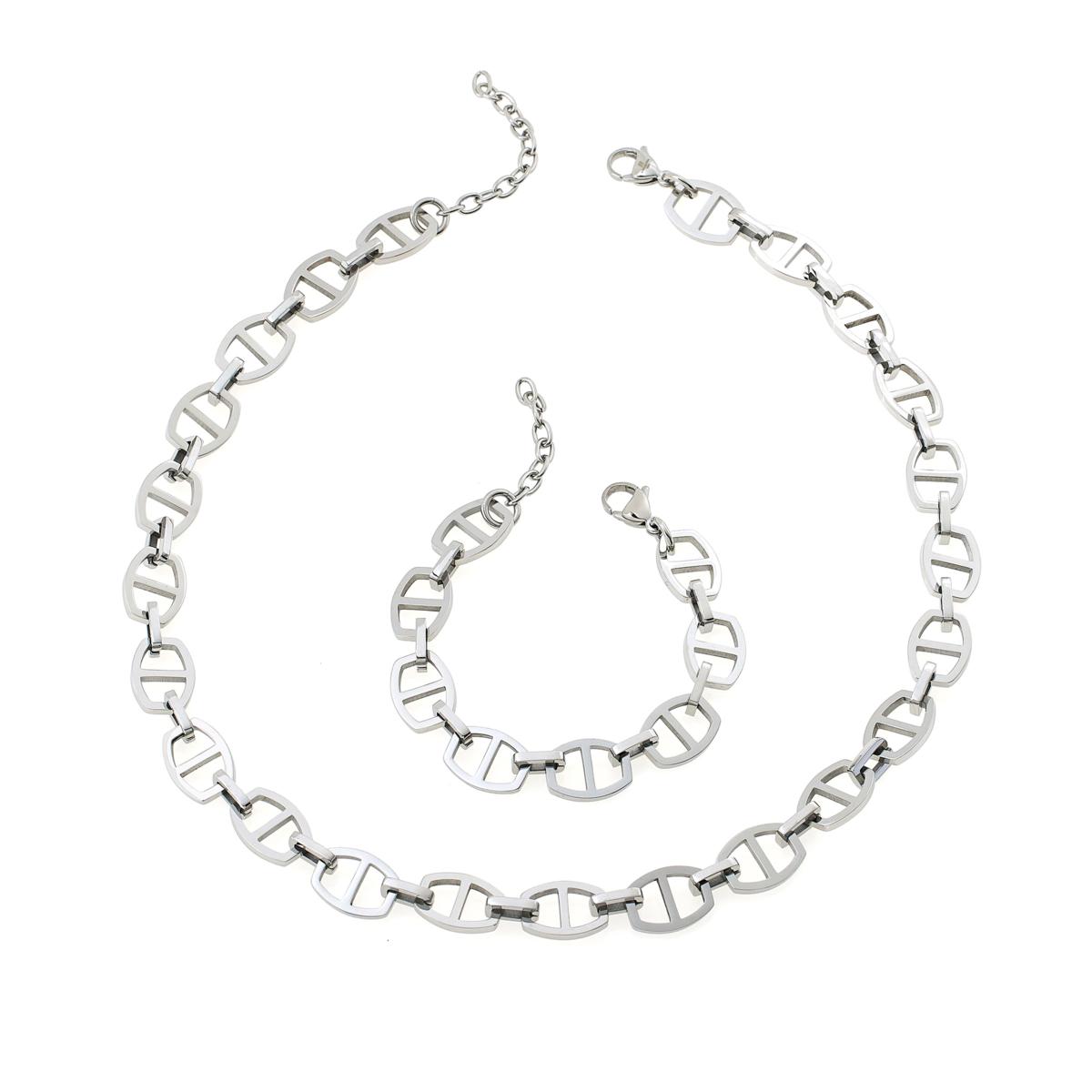 Stately Steel Mariner Chain Necklace & Bracelet Set, Silvertone