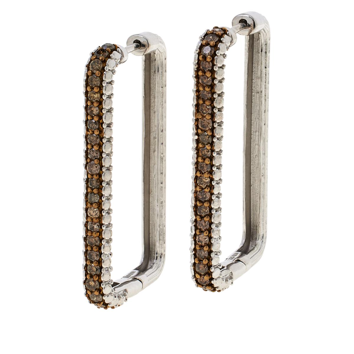 Colleen Lopez Sterling Silver 1ctw Champagne Diamond Rectangular Hoop Earrings