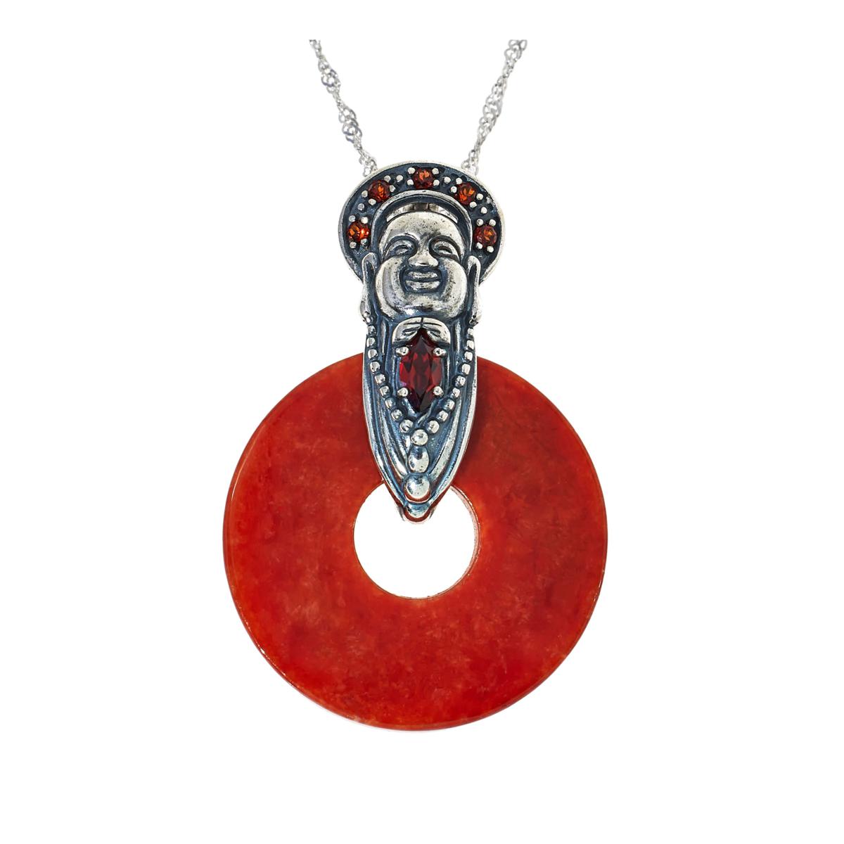 Jade of Yesteryear Sterling Silver Red Jade Buddha Pendant with Chain, 18"
