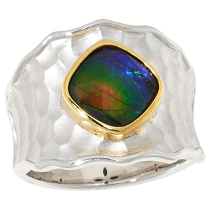 Canadian Ammolite Gems Sterling Silver Ammolite Two-Tone Hammered Ring, Size 8