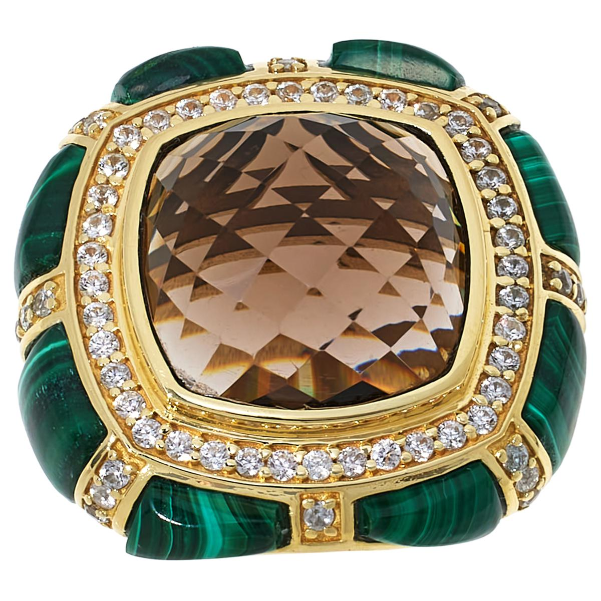 Rarities Sterling Silver Goldclad Smoky Quartz, Malachite and White Zircon Ring, Size 8