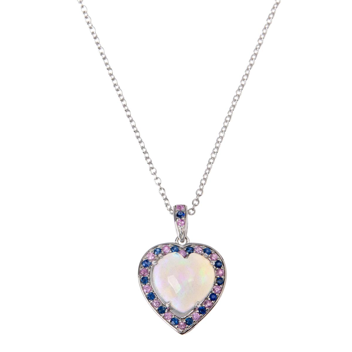 Colleen Lopez Sterling Silver 8X8 Heart Opal & Blue/Pink Sapphire Necklace, 18"+2"