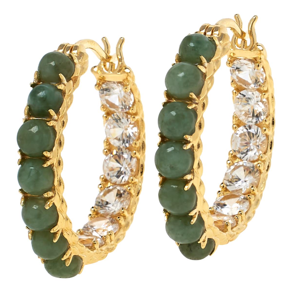 Jade of Yesteryear Sterling Silver Jade & White Zircon Inside-Outside Hoop Earrings