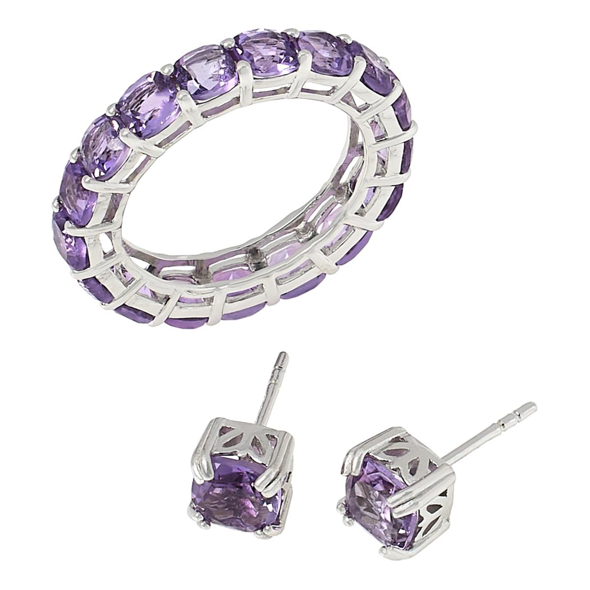 Colleen Lopez Sterling Silver Amethyst Stud Earrings & Eternity Band Ring, Size 8