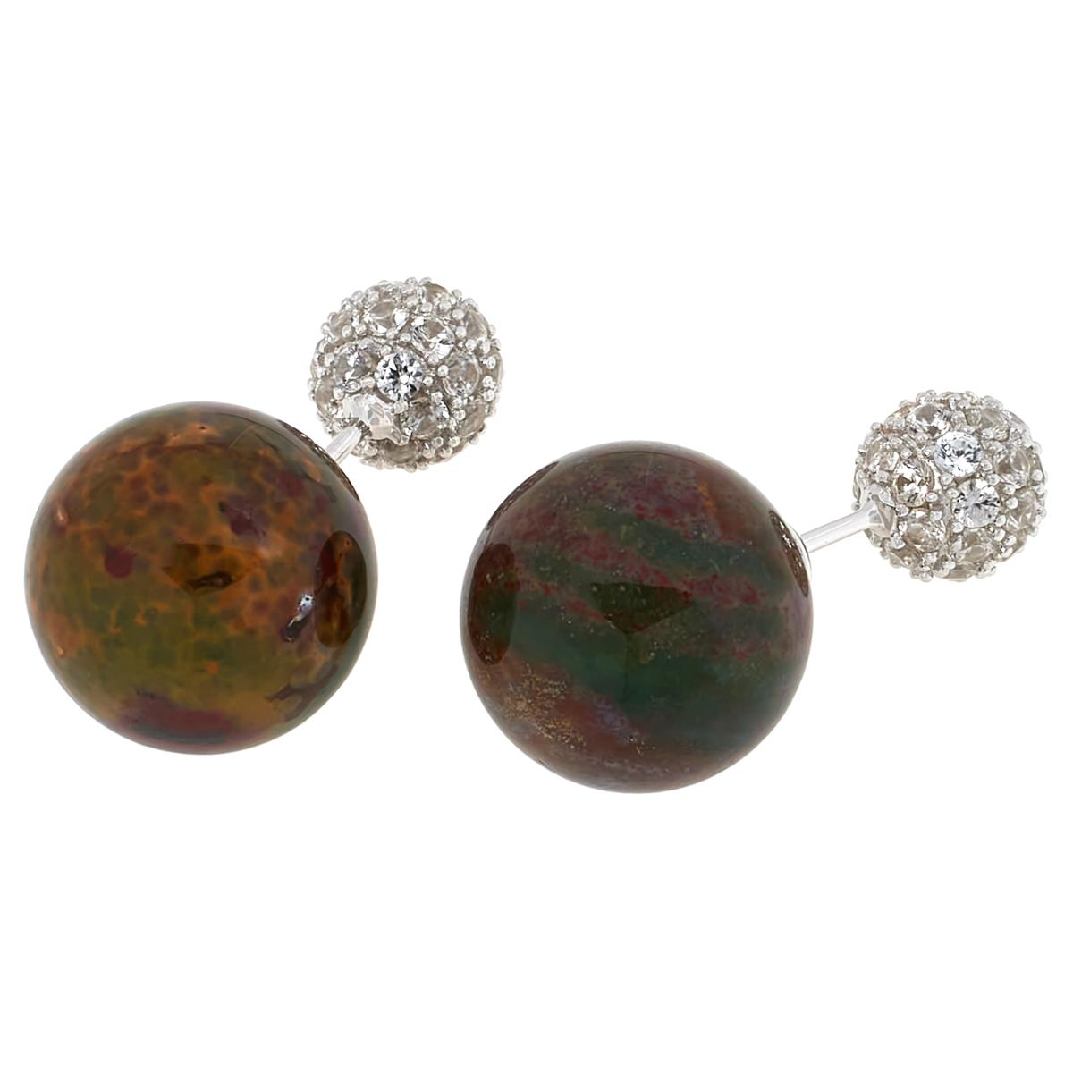 Colleen Lopez Sterling Silver Ocean Jasper 14mm Pave Ball Earrings.