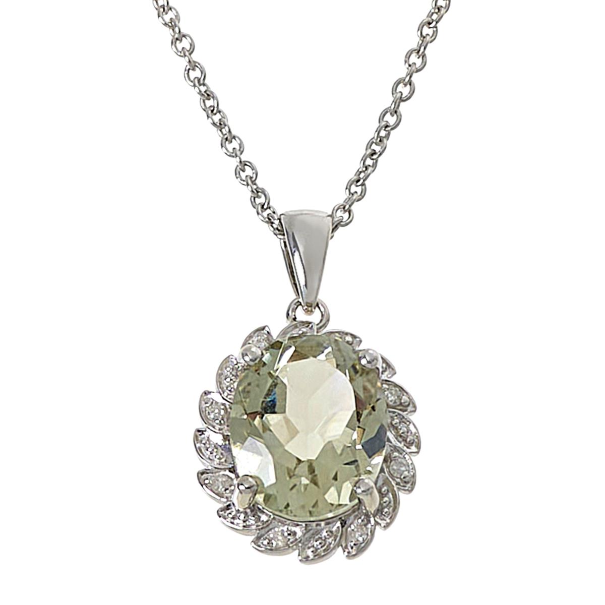 Colleen Lopez Sterling Silver Oval Prasiolite w/ Diamond Halo Pendant Necklace, 18"