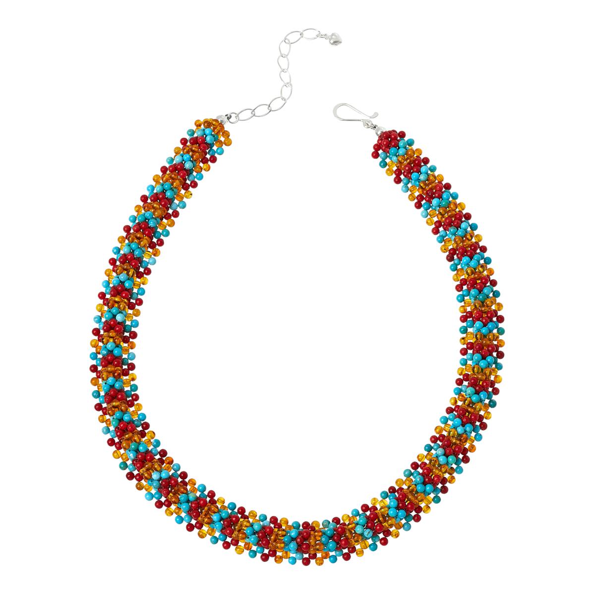 Jay King Sterling Silver Angel Peak Turquoise, Coral & Amber Woven Bead Necklace, 18"