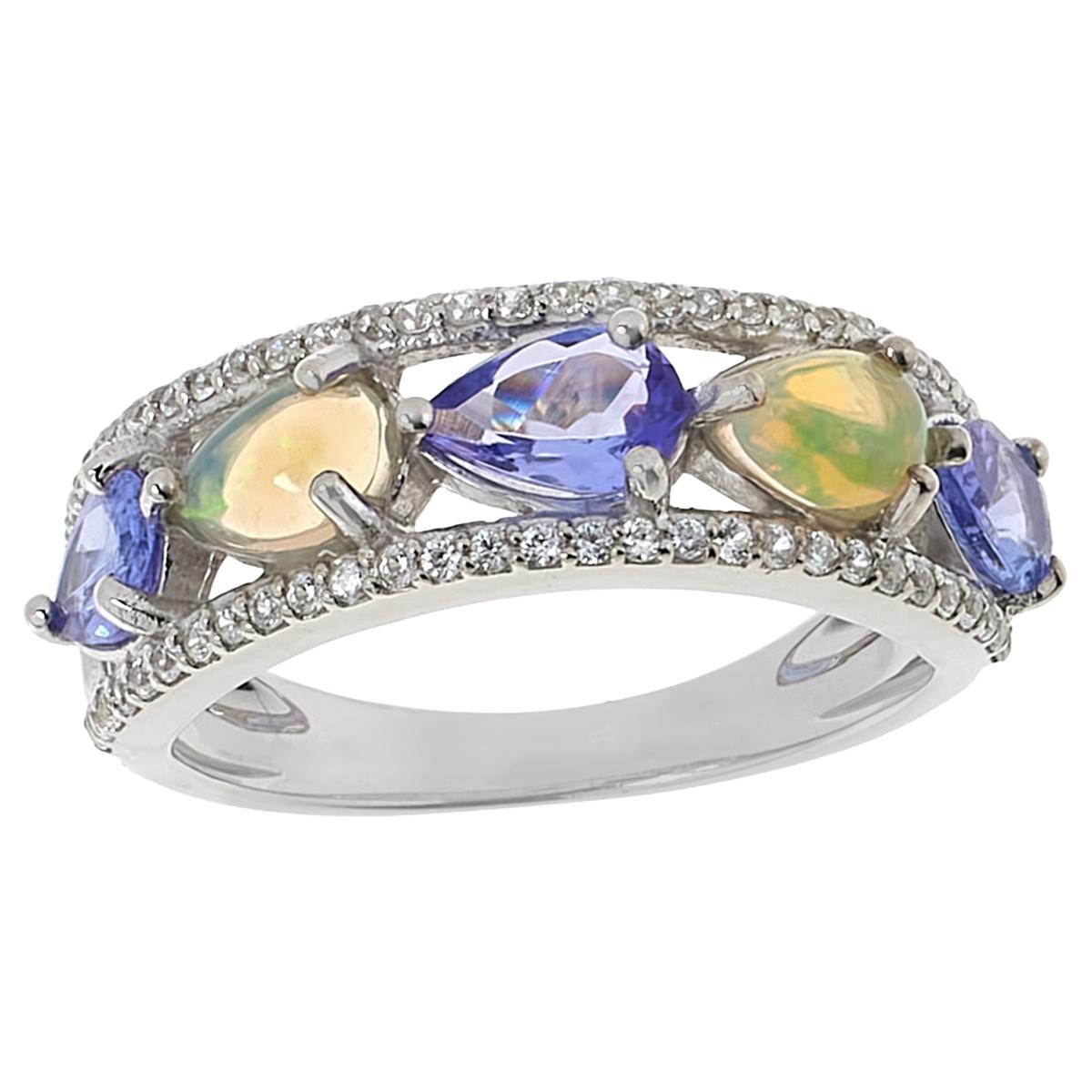 Colleen Lopez Sterling Silver Opal, Tanzanite, & White Zircon Band Ring, Size 9