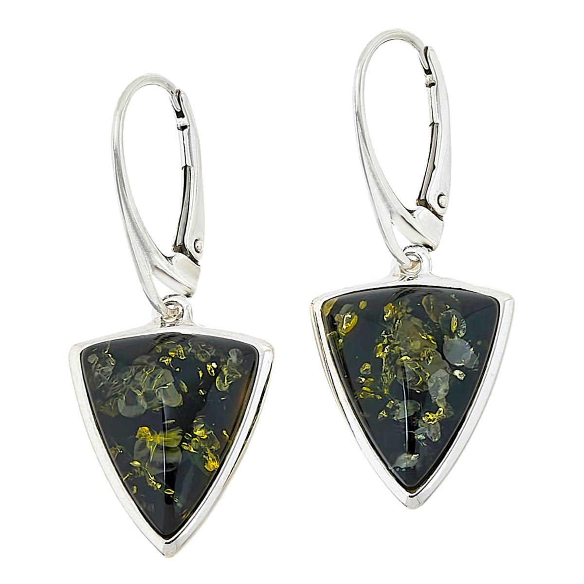 Amber Extraordinaire Sterling Silver Green Amber Trillion Drop Earrings