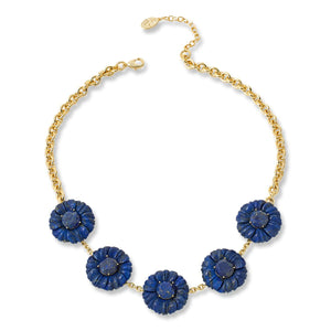 Connie Craig Carroll Goldtone Carved Lapis Flower Station Necklace, 18"