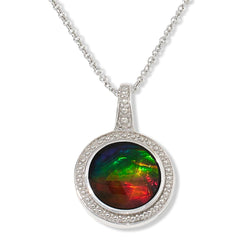 Canadian Ammolite Gems Sterling Silver Round Ammolite Pendant Necklace, 18"