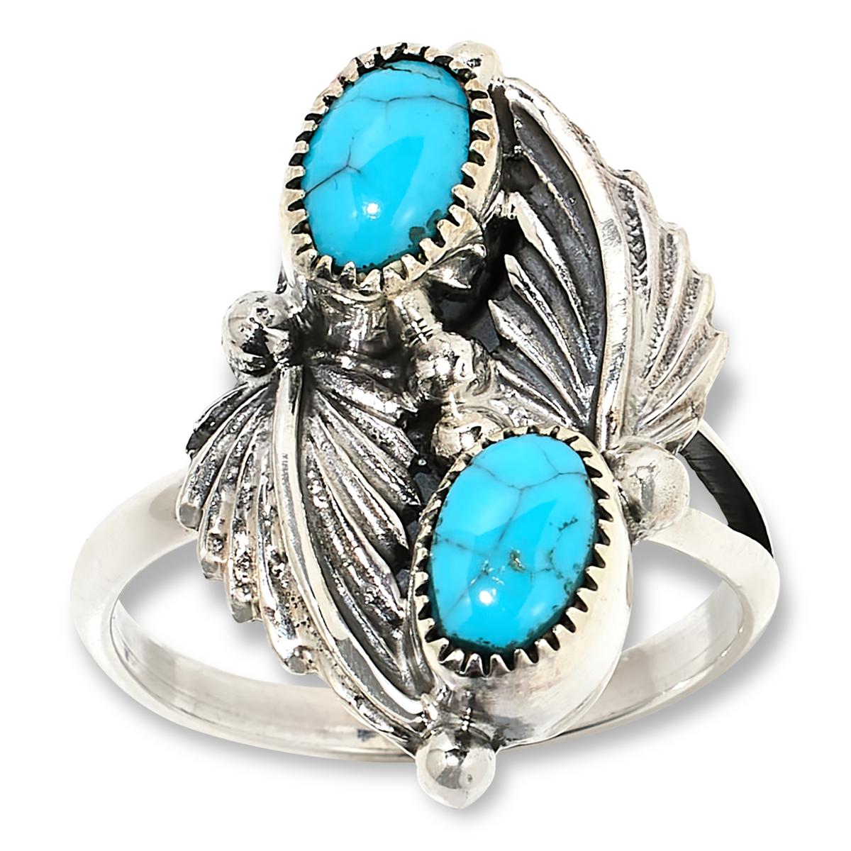 Anillo de plata de ley Chaco Canyon con turquesa de la Bella Durmiente de 2 piedras, talla 10