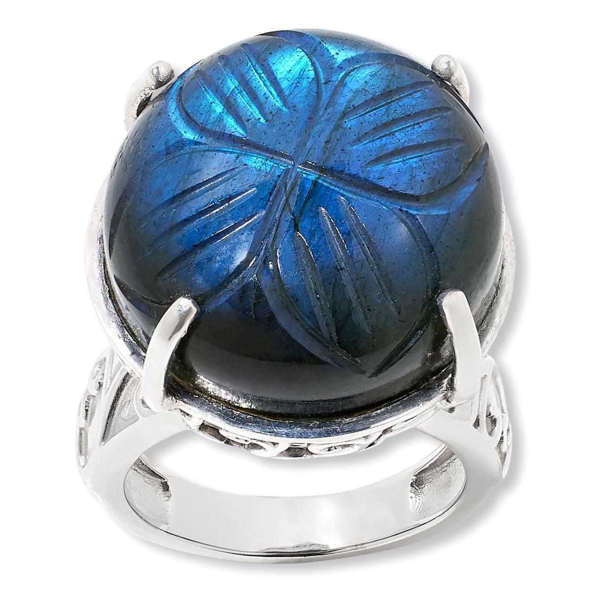 Colleen Lopez Sterling Silver Floral-Carved Labradorite Ring, Size 9
